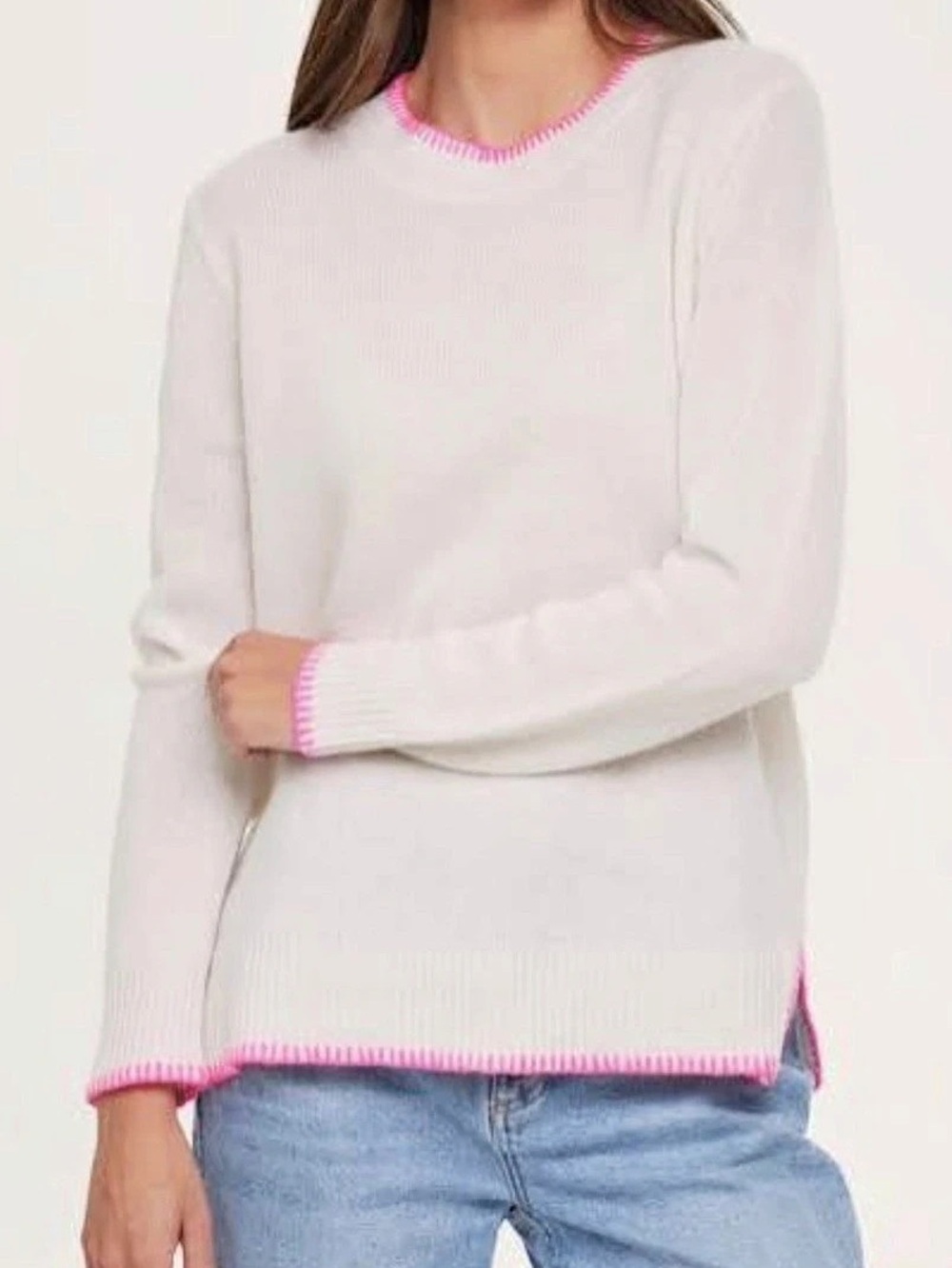 Cashmere Cream Crewneck Sweater with Hot Pink Trim